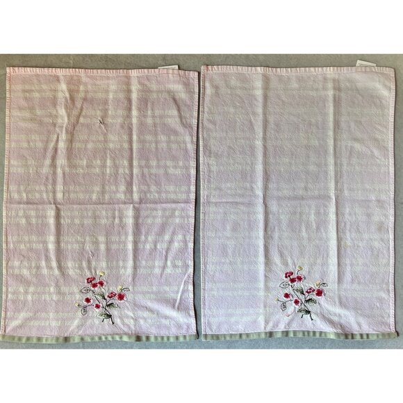 Laura Ashley Embroidered Floral Cotton Tea Towels Set Green Ribbon Trim VTG - Picture 8 of 13